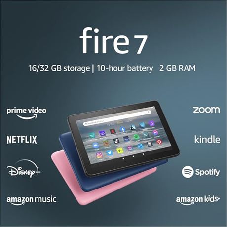 New Amazon Fire 7 tablet, 7” display, 16 GB, 10 hours battery life